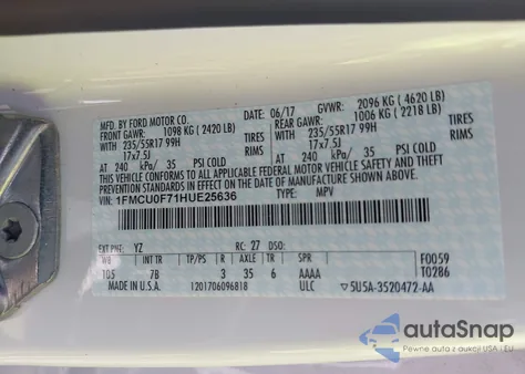 2017 Ford Escape S z USA, uszkodzony, nr VIN 1FMCU0F71HUE25636